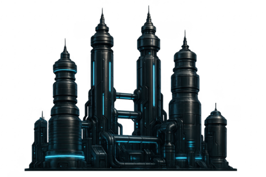 Futuristic alien city with glowing blue lights on transparent background