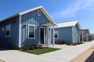 Newly built blue houses line a neighborhood street under clear skies, showcasing modern architecture and inviting atmosphere for families in a suburban community
