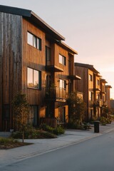 Modern wooden houses lined along a tranquil street at sunset, showcasing a blend of nature and architecture in a serene neighborhood