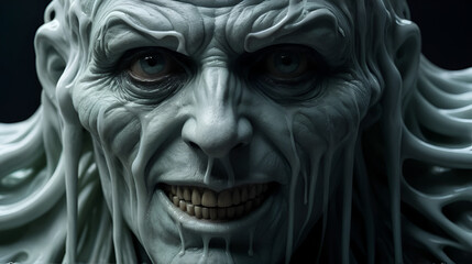 A close-up of a nightmarish figure's face, its features grotesquely melting and blending into one another. The soft focus adds a surreal, dreamlike quality to the horror, enhancing the despair