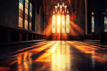 Fototapeta premium Empty Church Interior with Sunlight Streaming Through Stained Glass Windows