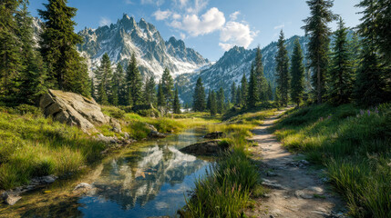 Scenic mountain landscape with a peaceful river and lush greenery along a trail under a bright blue sky