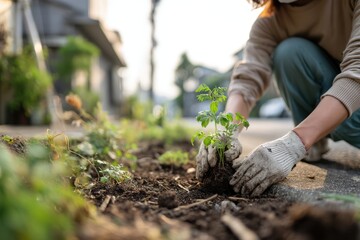 Fototapeta premium Person Planting Young Tomato Seedling in Home Garden in Sunshine