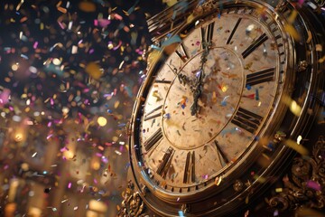 Obraz premium Vintage Clock, New Years Eve Celebration, Time Flies, Festive Confetti, Golden Hour.