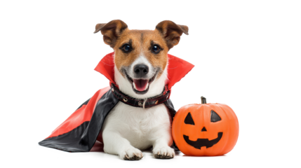 Dog in a vampire cloak and a jack-o-lantern on a white background. Halloween Jack Russell Terrier in Count Dracula costume