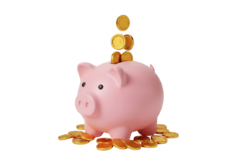 Coins falling into a pink piggy bank, symbolizing savings and financial growth