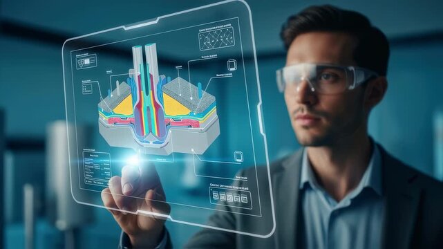 Engineer analyzing 3D schematics of a carboncapture regeneration cell featuring innovative materials designed for enhanced sorbent durability.