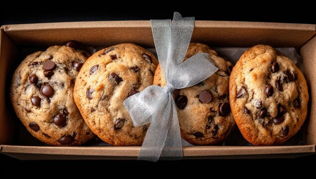 Three chocolate chip cookies in a kraft box, tied with a ribbon