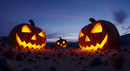 Three spooky jack-o'-lanterns glow menacingly in a desolate desert landscape at twilight