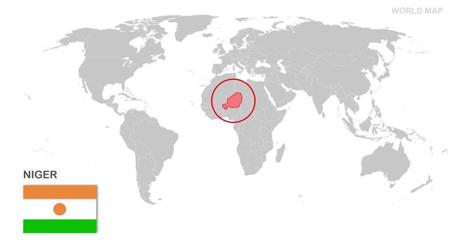 Niger Map Video, highlighted in world map with national flag and borders, perfect for presentations, travel, education, geography, and global studies.