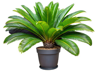Vibrant green cycad palm plant in a dark pot isolated on a transparent background leaves