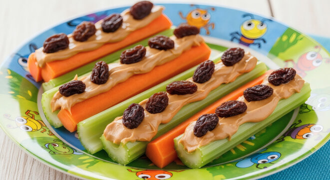 Ants on a log snack featuring celery sticks with peanut butter and raisins on a colorful plate