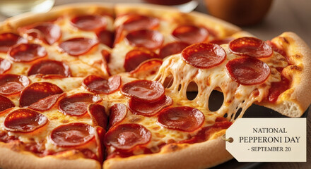 A pepperoni pizza with melted cheese being lifted on national pepperoni day september twentieth image