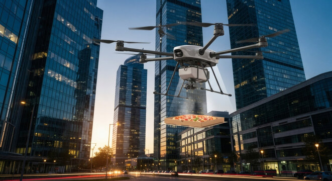 A drone delivering pizza in a city with tall buildings and street lights at dusk or dawn creating motion blur