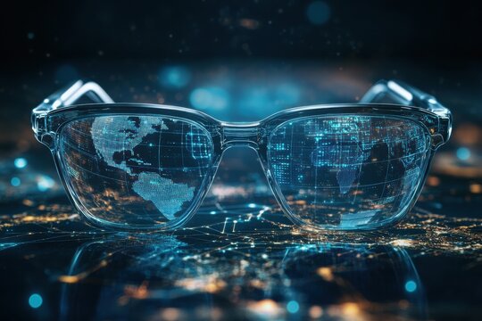 Innovative glasses displaying a digital world map with futuristic technology elements at night