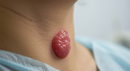 Clinical View of a Prominent Red, Fleshy Nodule on a Patients Neck.