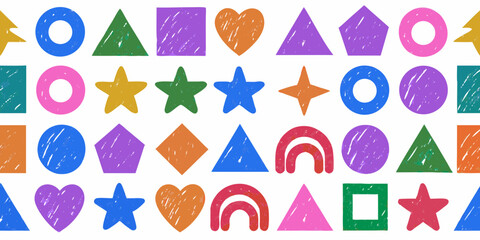 A vibrant and playful pattern featuring a variety of colorful hand drawn geometric shapes and a rainbow on a white background