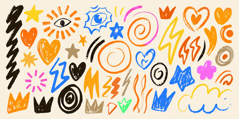 Vibrant collection of hand drawn doodle shapes and symbols in a whimsical abstract pattern