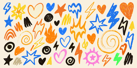 Vibrant hand drawn doodle elements collection featuring hearts stars lightning bolts and flames
