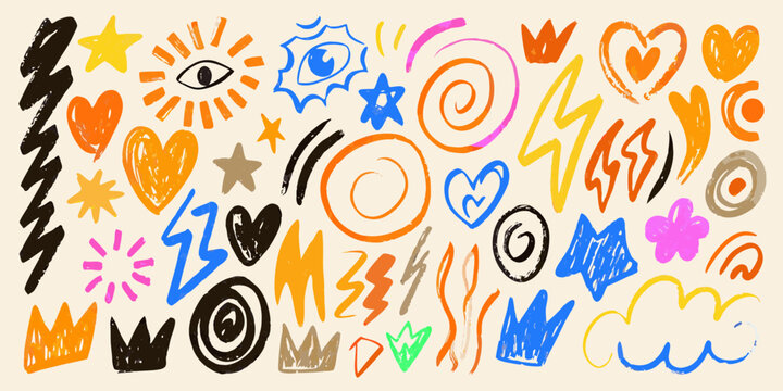 Vibrant collection of hand drawn doodle shapes and symbols in a whimsical abstract pattern