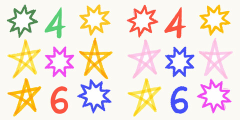 Colorful hand drawn stars and numbers four and six on a white background