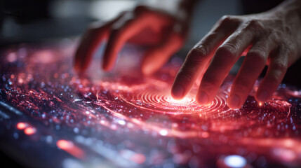 Hands interacting with a futuristic digital interface displaying vibrant red and pink data patterns