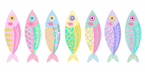 Collection of seven colorful and decorative fish with unique patterns and pastel colors