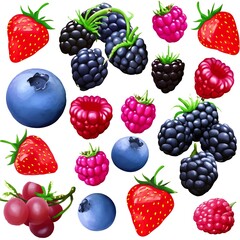 A vibrant vector collection of freshly picked, ripe berries: juicy strawberries, plump blueberries, tart raspberries, and dark blackberries, artfully arranged.
