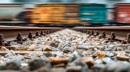 Close-up of railway tracks with colorful freight trains blurred in the background
