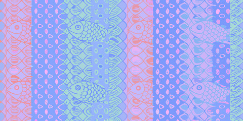 Whimsical hand drawn fish and scales pattern in pastel colors
