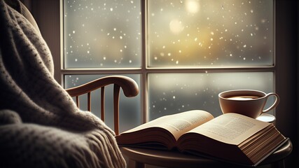 Cozy AI-generated reading nook, a warm book and steaming cup of tea, with gentle rain falling outside the window.