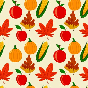 Seamless vector pattern featuring abundant autumn harvest elements: plump pumpkins, crisp apples, golden corn, and vibrant fallen leaves.