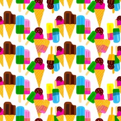 Vibrant seamless pattern featuring colorful popsicles and ice cream cones, evoking a fun and playful summer theme with a cheerful, energetic vibe.