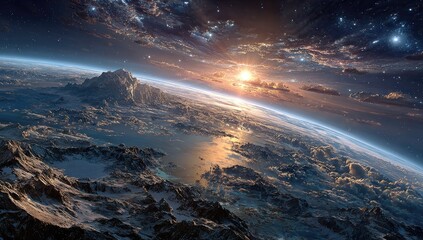 Fototapeta premium Alien world sunrise, icy mountains