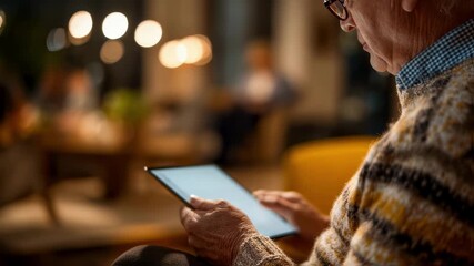 Medium shot of a user responding to ePRO adherence reminders on a tablet blurred cozy living room setting in the background.