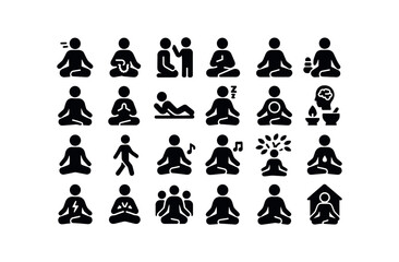 vector solid black filled icons Meditation (Types) meditation breath meditation mantra meditation guided meditation silent meditation zen meditation vipassana meditation yoga meditation.
