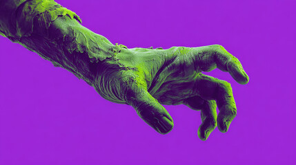 Green zombie hand walking on a purple background