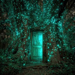 Mystical teal glow surrounds a weathered wooden door nestled within a forest