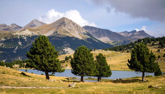Mountain lake scene with pines - Powered by Adobe