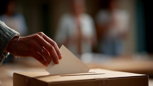 Sharp medium shot of a hand placing a fairness feedback card into a suggestion box workshop environment out of focus emphasizing anonymous participant input.