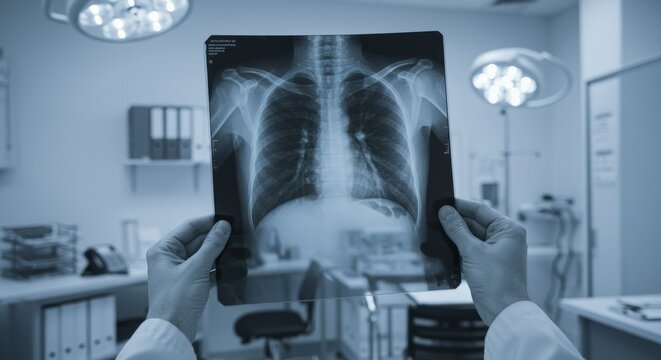 First-Person View of a Doctor Analyzing a Chest X-Ray in a Blue-Toned Clinic.