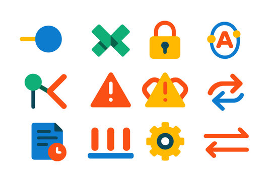 C++ Multithreading Icons. Flat vector icons of C++ multithreading: thread icon, mutex symbol, lock icon, atomic variable,