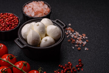 Mozzarella cheese balls, fresh white mini slices for Mediterranean food. Mozzarella cheese