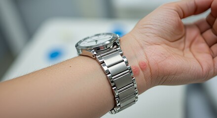 Classic Silver Wristwatch with Polished Metal Bracelet on Arm, Close-Up with Soft Focus.
