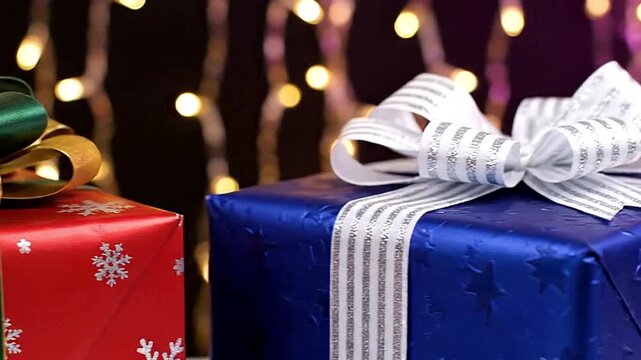 Two wrapped gifts one red with gold ribbon  snowflakes one blue with silver sit before blurry string lights
