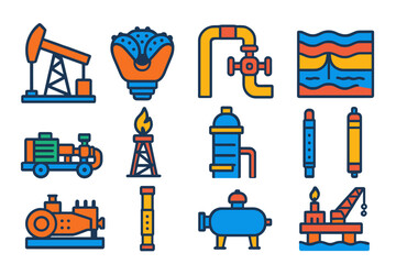 Naklejka premium Petroleum Engineering Icons. Flat vector icons of petroleum engineering: oil rig, drilling bit, pipeline icon, reservoir model,