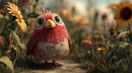 bashful cartoon-style robin with a plump red chest and soft brown feathers