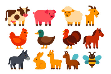 Farm Animal Icons. Flat vector icons of farm animals: cow, pig, sheep, goat, chicken, duck, turkey, horse, donkey, rabbit, llama,