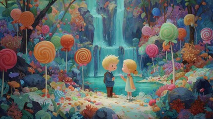 two friends discovering candy-colored forest