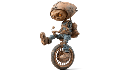 A brown crater-skinned alien riding a unicycle with a serious expression and a big helmet
